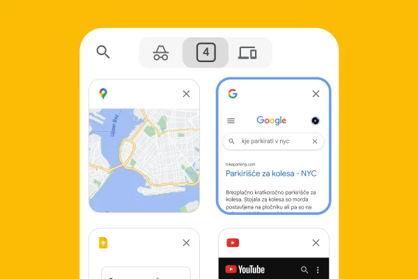 Brskalnik za mobilne naprave naloži zavihke iz namiznega brskalnika, vključno z Google Zemljevidi in podatki o parkiranju v New Yorku.