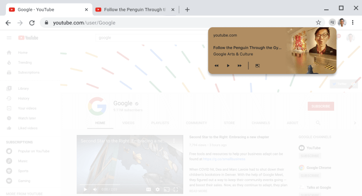 V oknu brskalnika Chrome je prikazano pogovorno okno s kontrolniki predstavnosti.