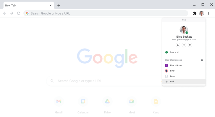 V brskalniku Chrome je prikazano pogovorno okno za preklop med profili.