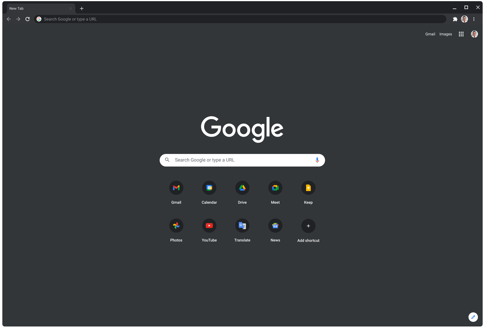 V oknu brskalnika Chrome v temnem načinu je prikazan naslov Google.com.