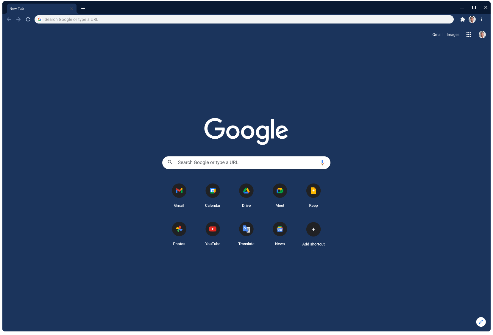 V oknu brskalnika Chrome je prikazan naslov Google.com, pri tem je uporabljena skrilasto modra tema.