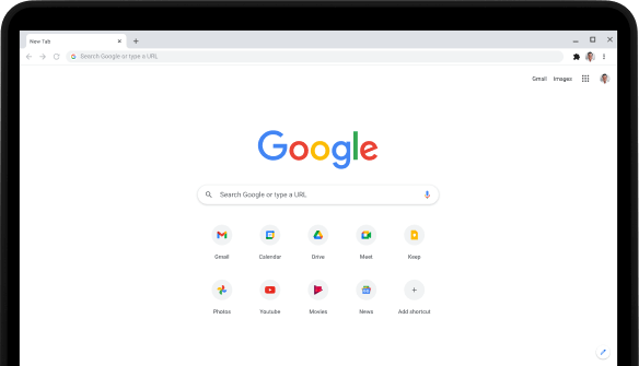 Zgornji levi kot prenosnika Pixelbook Go z zaslonom, ki prikazuje iskalno vrstico Google.com in priljubljene aplikacije.
