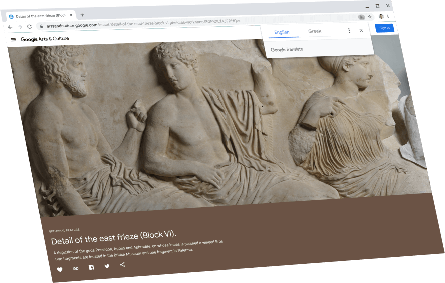 Prikaz strani na Google Arts and Culture s pogovornim oknom Google Prevajalnika zgoraj. Prevod v angleščino.