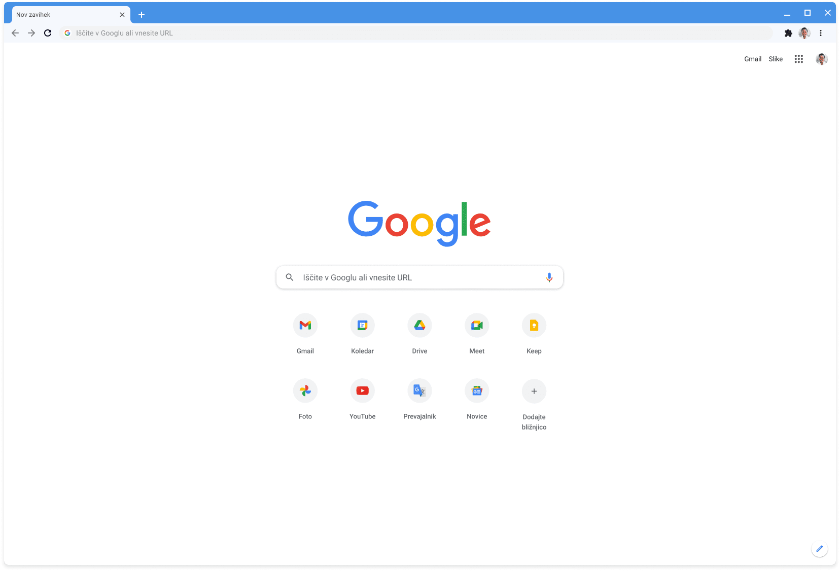 V oknu brskalnika Chrome je prikazan naslov Google.com, pri tem je uporabljena klasična tema.