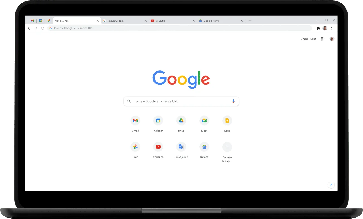 Zgornji levi kot prenosnika Pixelbook z zaslonom, ki prikazuje Google.com.