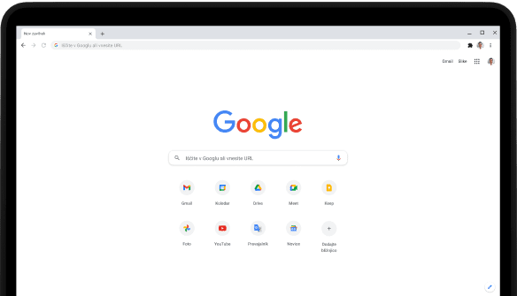 Zgornji levi kot prenosnika Pixelbook Go z zaslonom, ki prikazuje iskalno vrstico Google.com in priljubljene aplikacije.