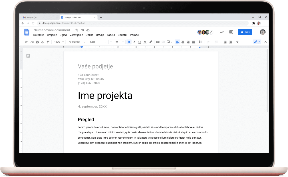 Zaslon z Google Dokumenti, v katerih je odprta predloga projekta.