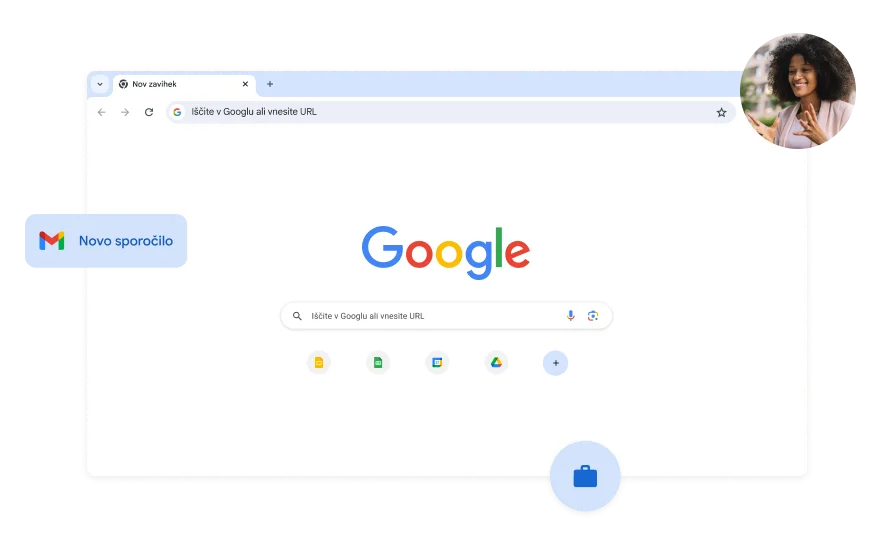 Ozadje strani Iskanja Google je belo. V kotu je slika ženske.