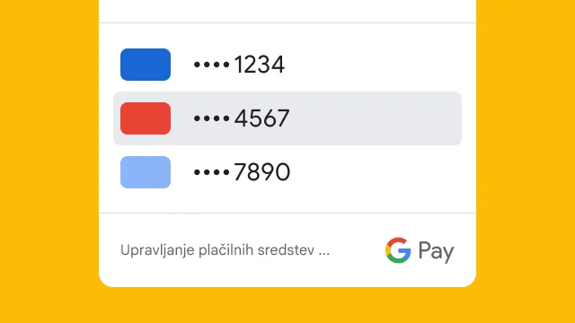 Google Pay zaradi varnosti prikaže samo zadnje štiri števke treh kreditnih kartic.