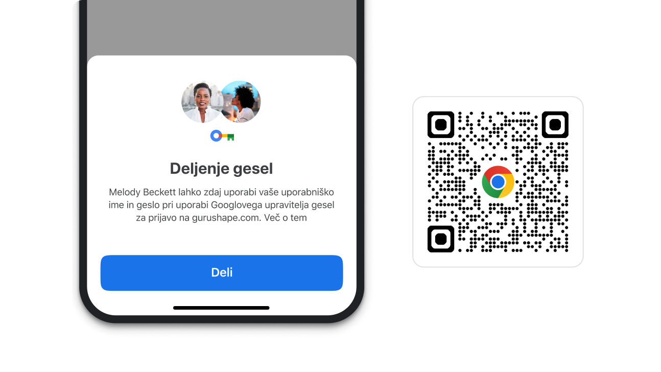 Modul v Chromu, ki vam omogoča deljenje gesel. Ob modulu je koda QR, s katero je mogoče prenesti Chrome.
