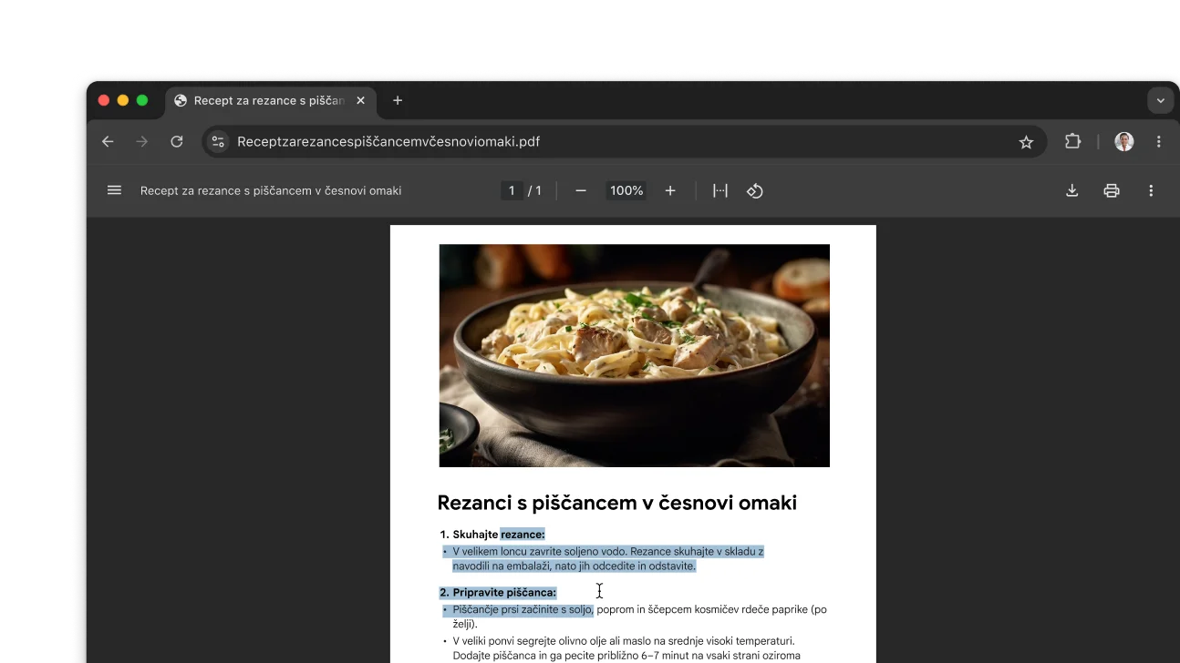 V oknu brskalnika Chrome je odprt PDF z receptom. Uporabnik je izbral besedilo v datoteki PDF.