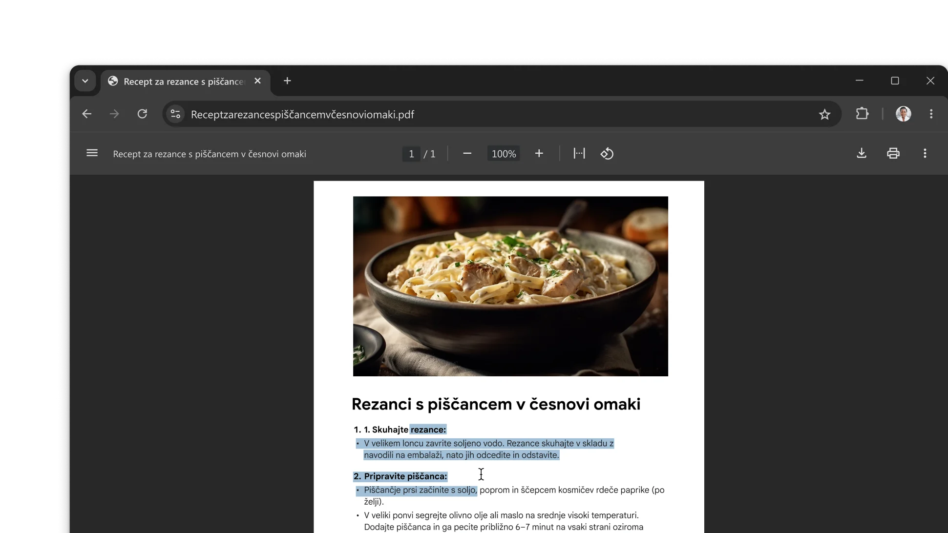 V oknu brskalnika Chrome je odprt PDF z receptom. Uporabnik je izbral besedilo v datoteki PDF.