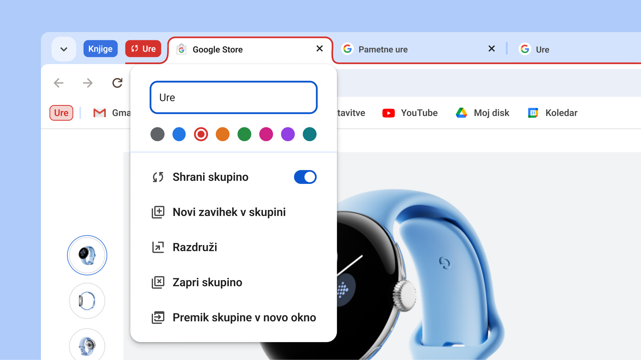 Odprti meni skupine zavihkov, ki prikazuje nove možnosti shranjevanja in skrivanja skupine