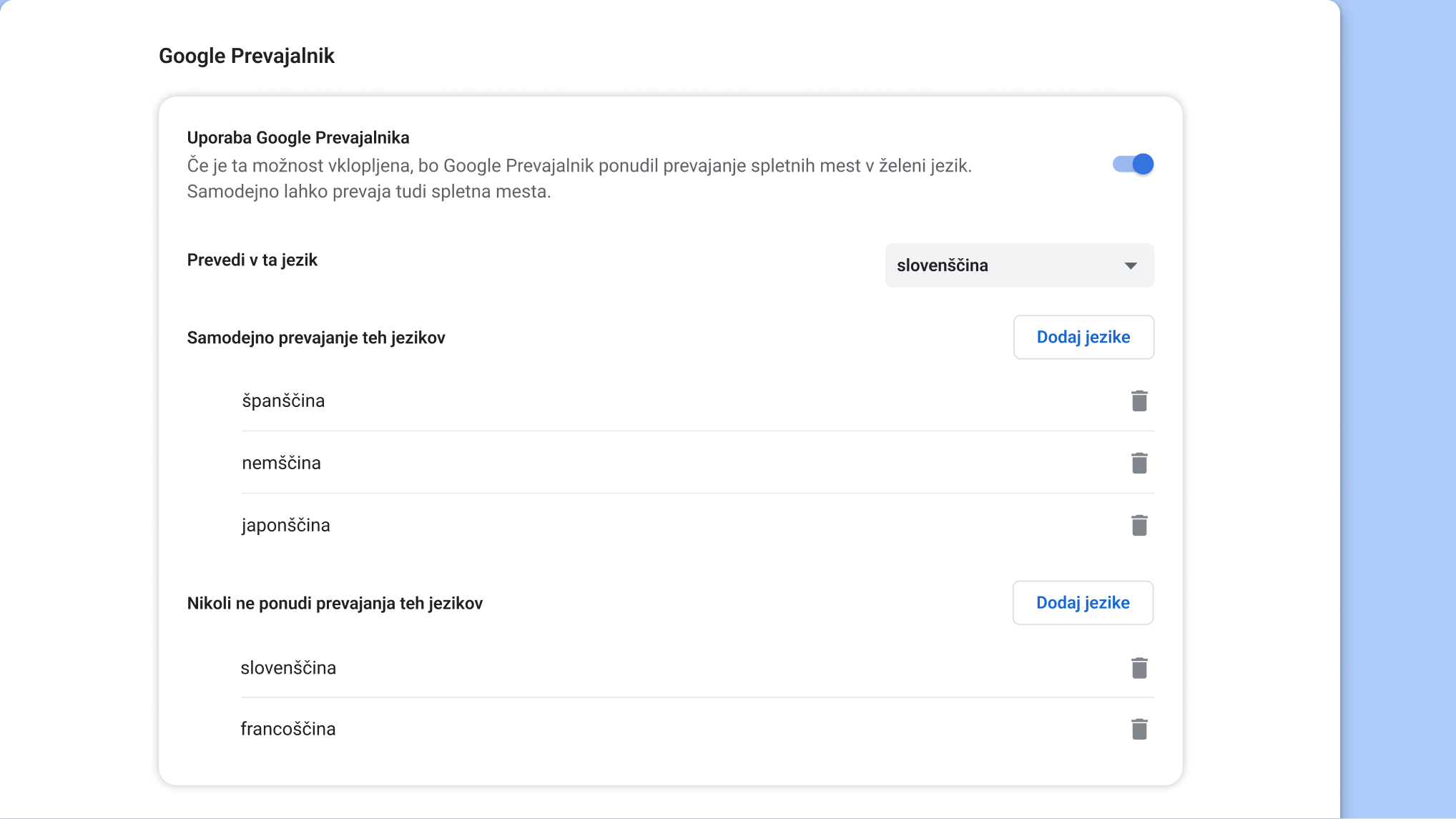 Stran za nastavitev Google Prevajalnika v Chromu