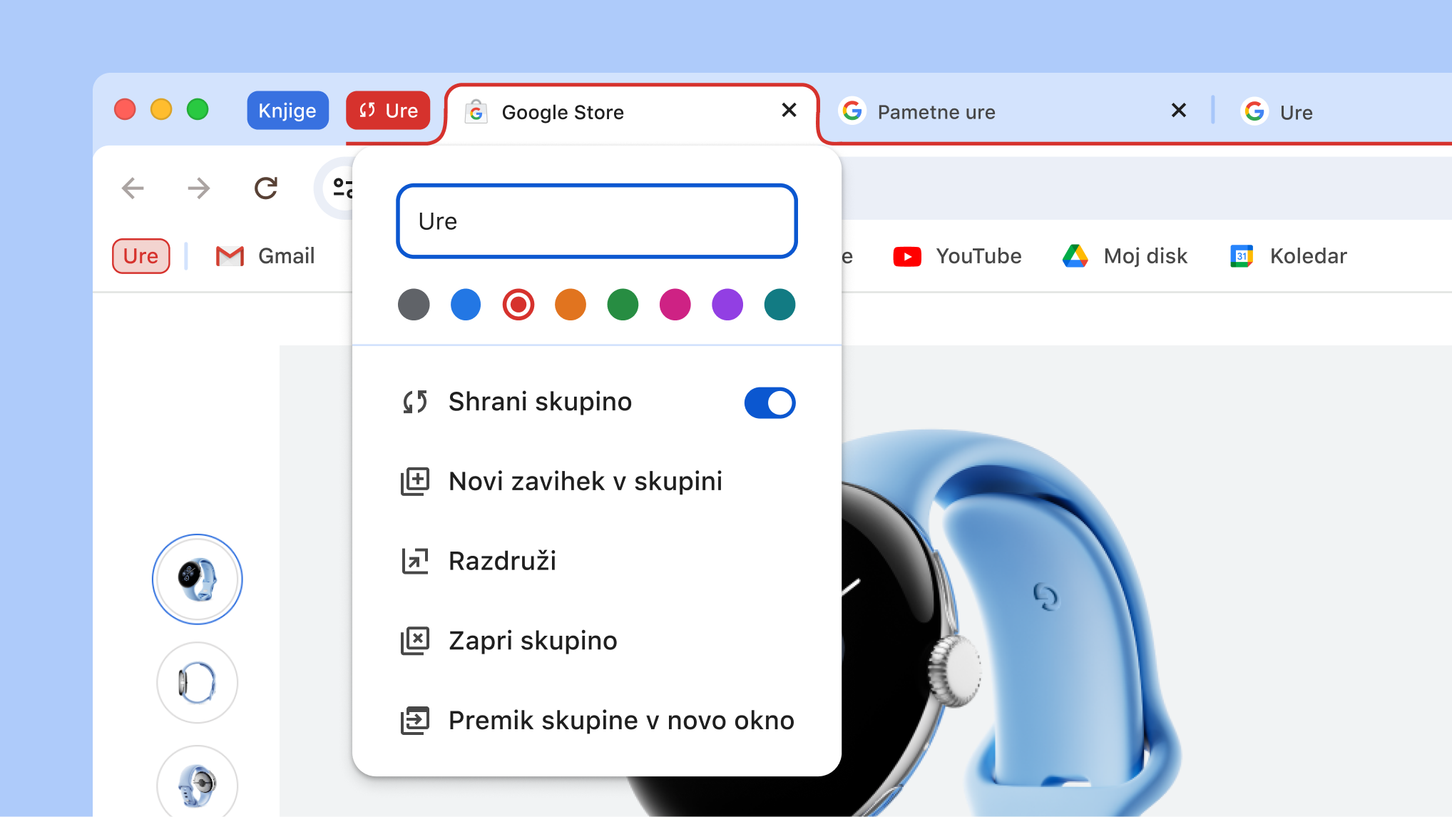 Odprti meni skupine zavihkov, ki prikazuje nove možnosti shranjevanja in skrivanja skupine