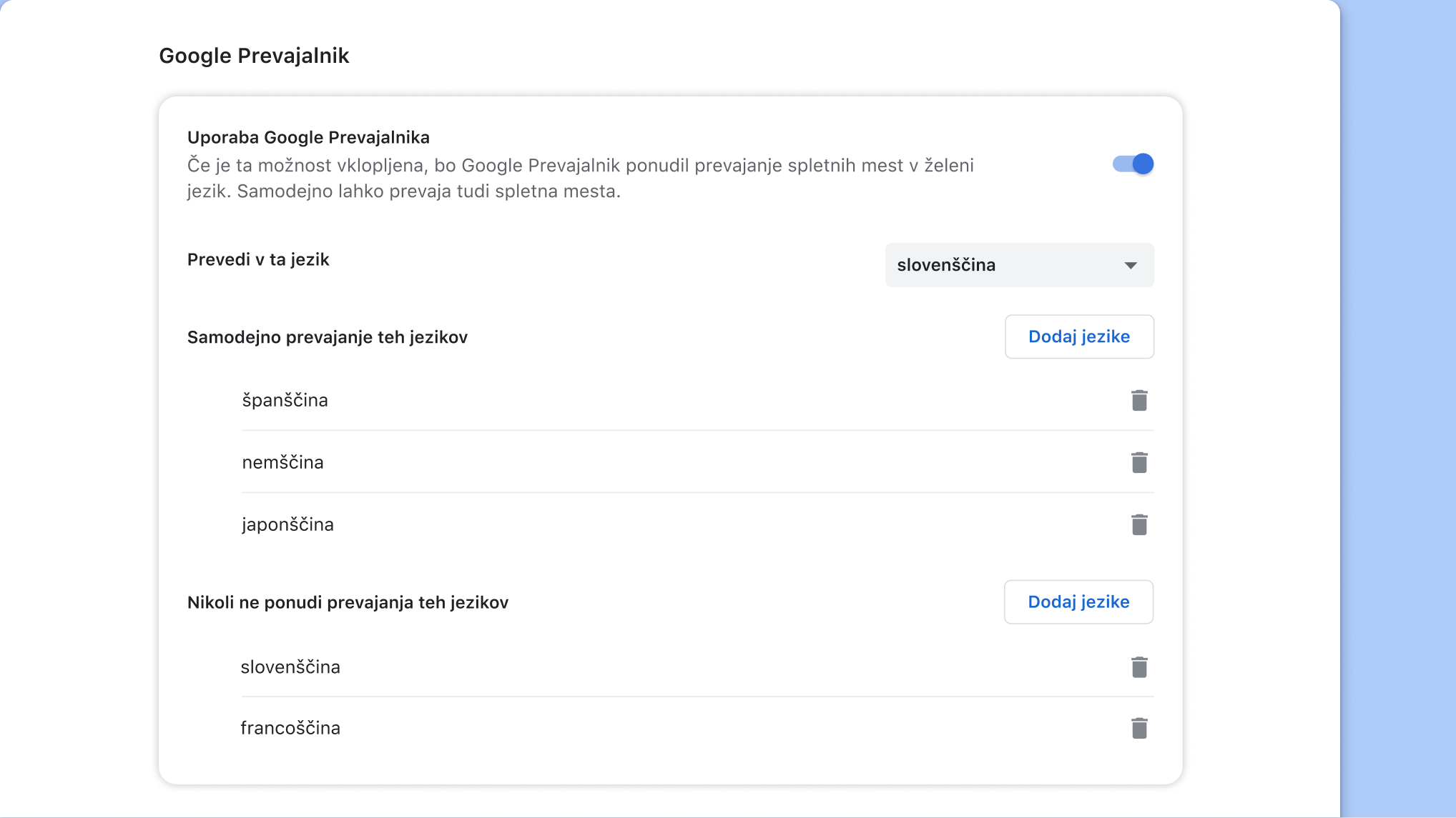 Stran za nastavitev Google Prevajalnika v Chromu