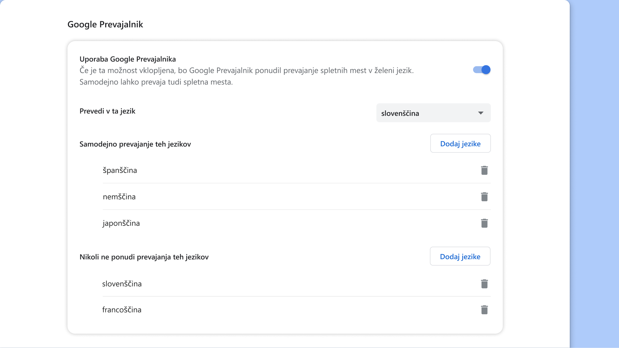 Stran za nastavitev Google Prevajalnika v Chromu