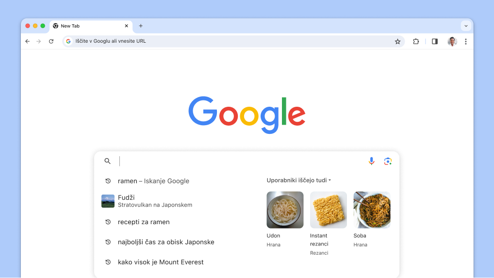 Kazalec je prikazan v iskalnem polju s samodejno naloženimi preteklimi iskanji in sorodnimi temami.