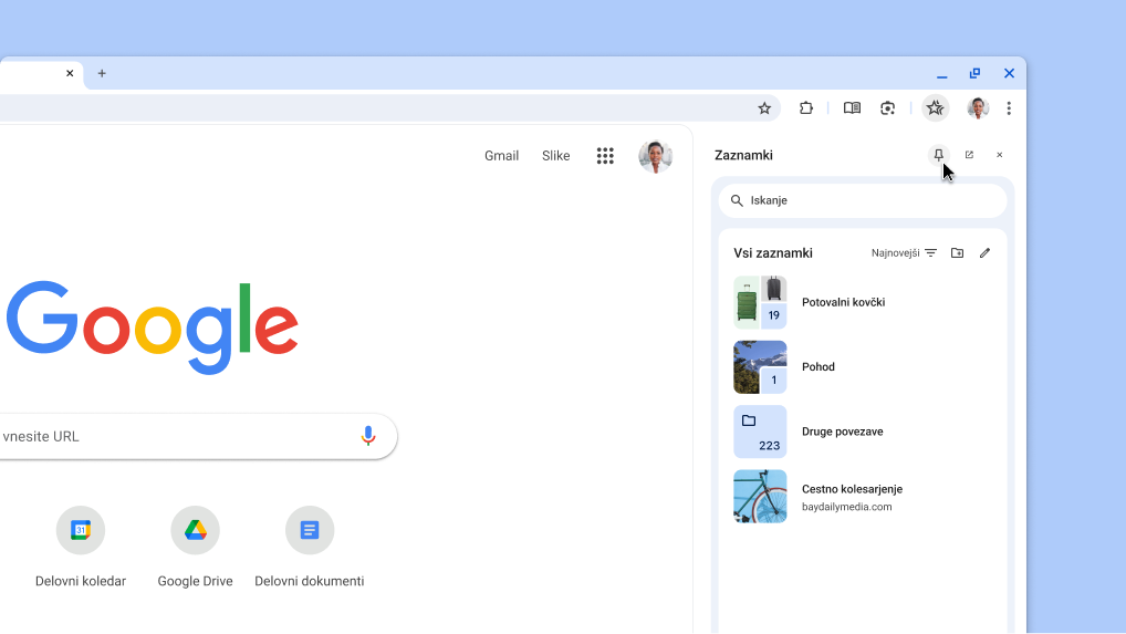 Pripenjanje Chromovega stranskega podokna v orodno vrstico
