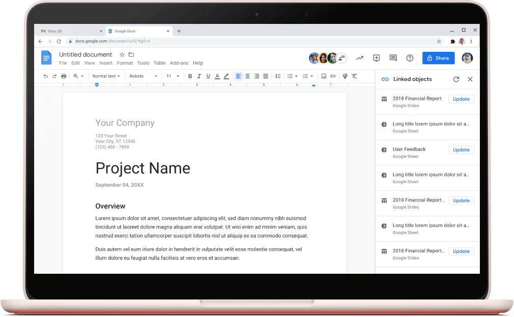 Zaslon z Google Dokumenti, v katerih je odprta predloga projekta.