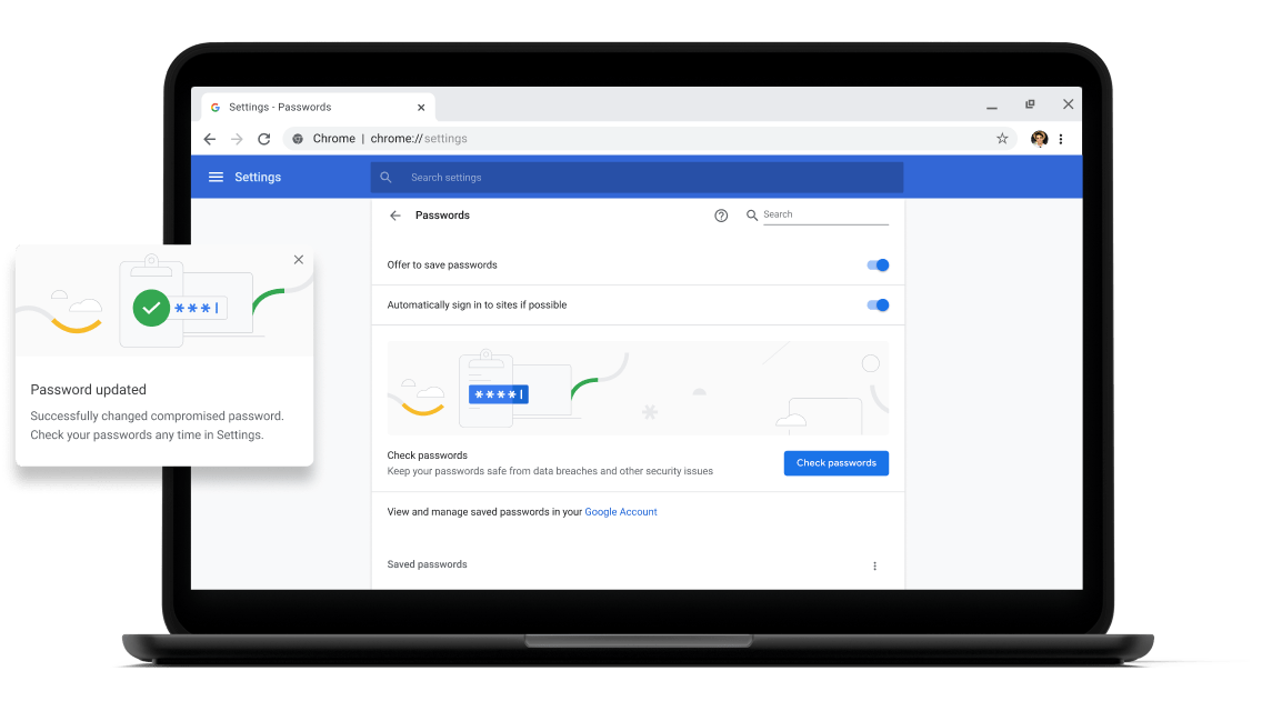 Preverjanje gesel Pixelbook Go laptop with screen displaying Chrome password check with a passsword update dialog box.