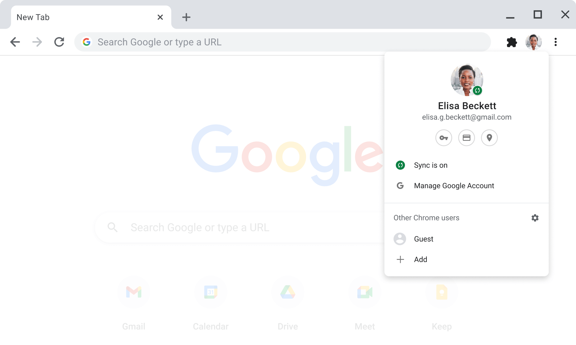 V oknu brskalnika Chrome so prikazane nastavitve računa in sinhronizacije za račune Google, v katerih je omogočena sinhronizacija.